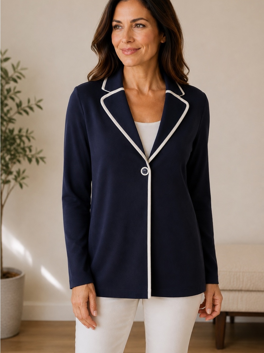 Misook Navy Blazer with Cream Contrast Trim